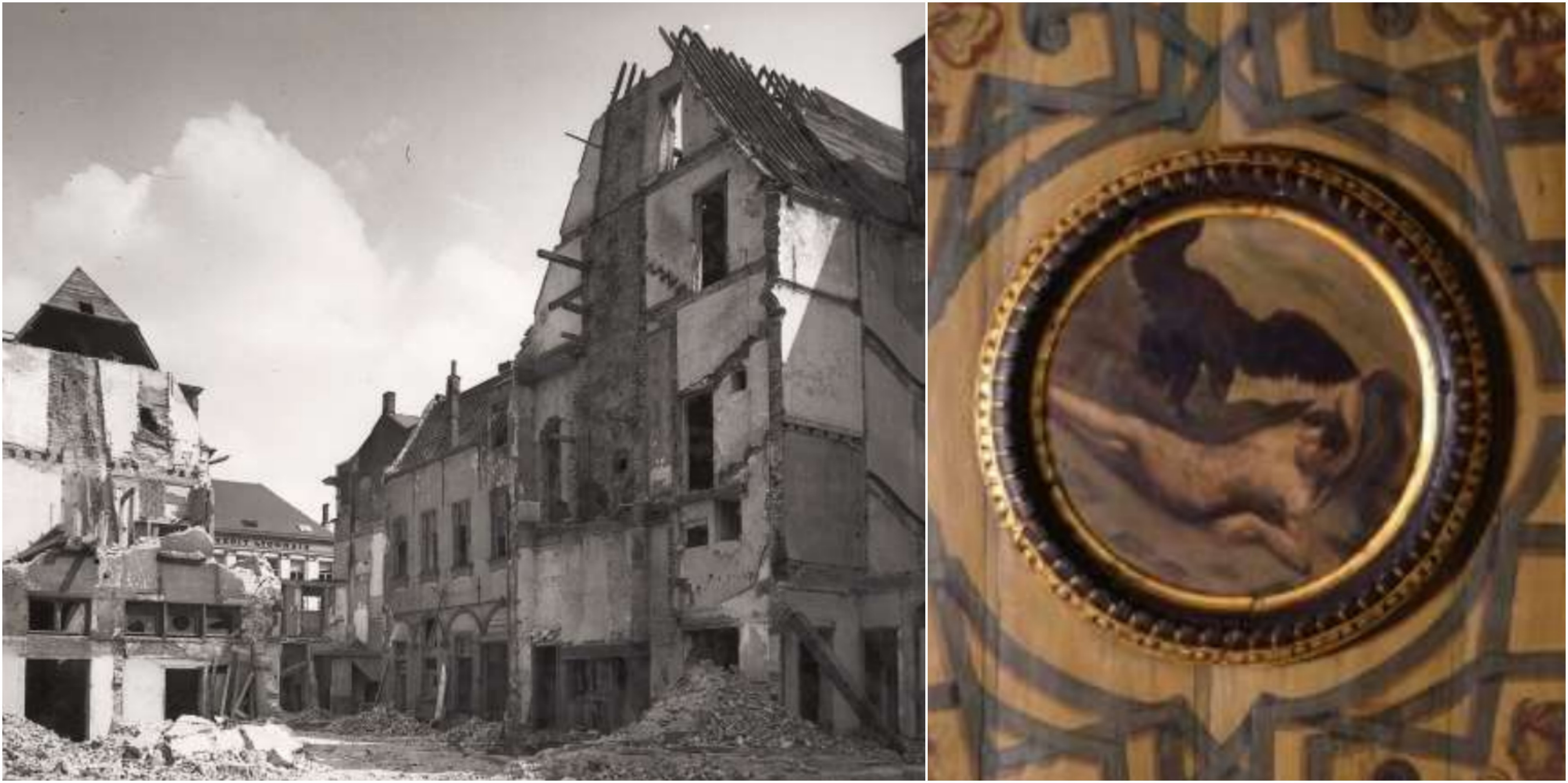Het complex tijdens de afbraak. ©Architectuurarchief Provincie Antwerpen, archief Lode De Barsée en het medaillon door J. Luyten ducci collage