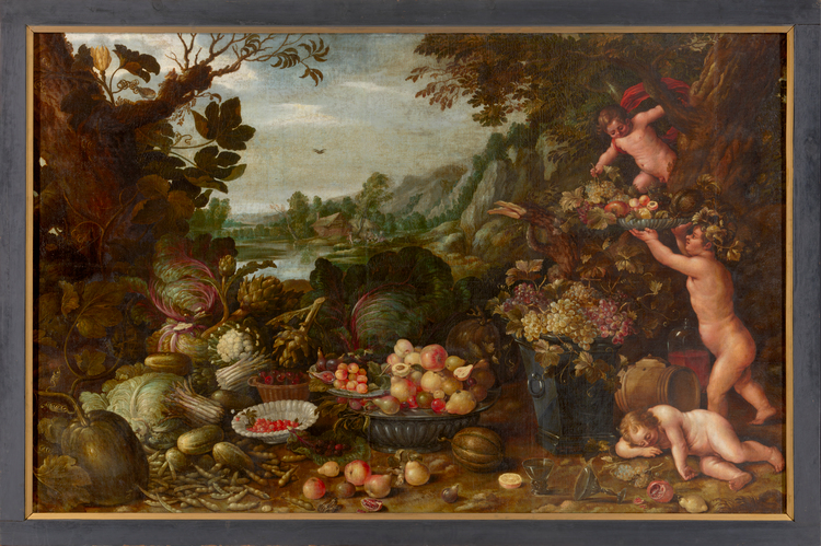 Een schilderij van cherubs bij een eetfestijn.