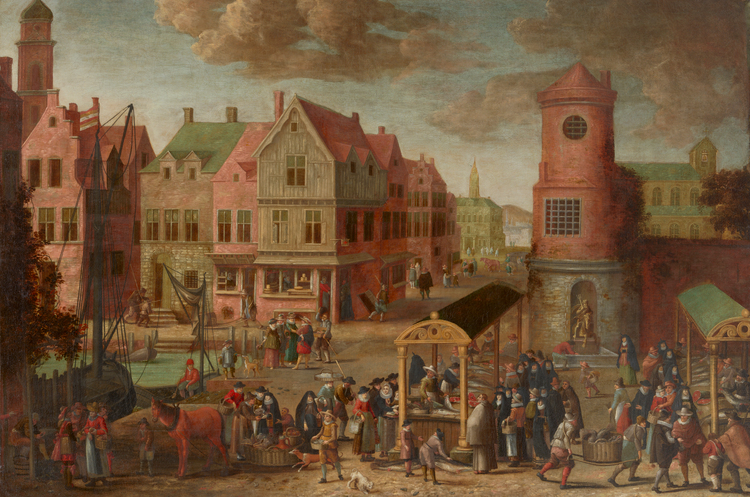 Een schilderij van een stad met marktkraampjes.