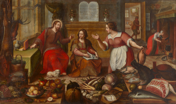 Schilderij van religieuze figuren in een keuken.