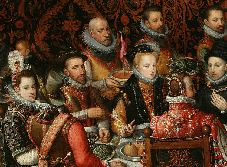 Een schilderij van rijkelijk geklede figuren aan een bankettafel.