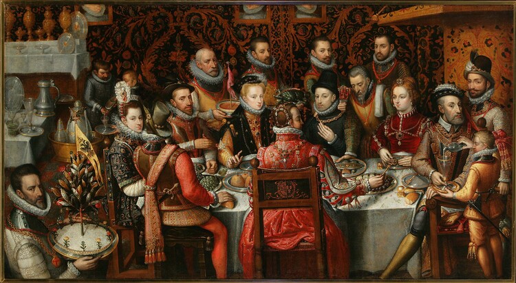 Een schilderij van rijkelijk geklede figuren aan een bankettafel.