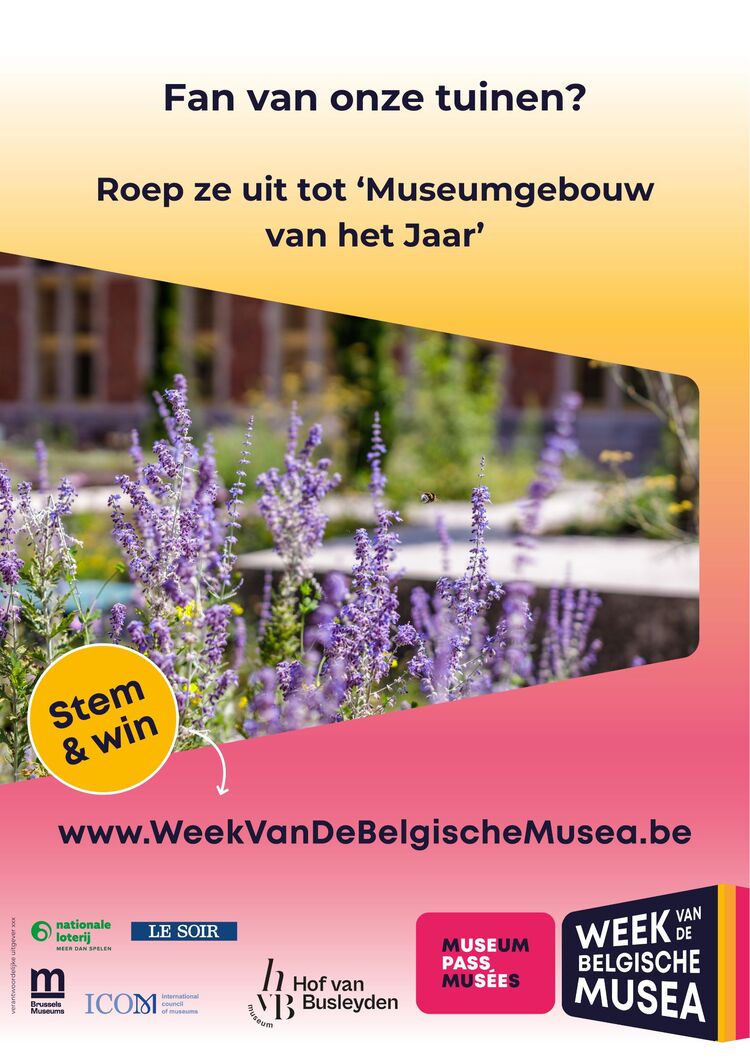 Affiche met de tekst "Fan van onze tuinen? Roep ze uit tot museumgebouw van het jaar"