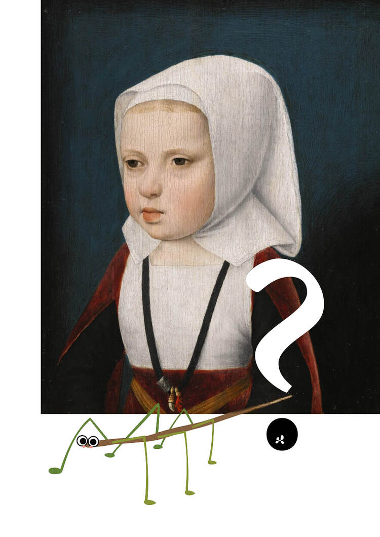 Een kinderportret met een cartoon wandelende tak figuurtje.