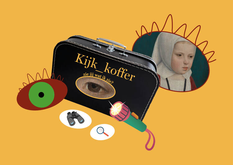 Een college van foto's en tekeningen: een zwart koffertje met de woorden "Kijk koffer, zie jij wat ik zie?" er op.