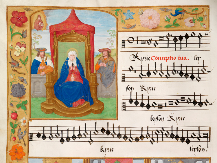 Pagina uit het Mechels Koorboek. Links boven staat een miniatuur van persoon in fel blauwe mantel. Rechts en onderaan zijn notenbalken te zien.