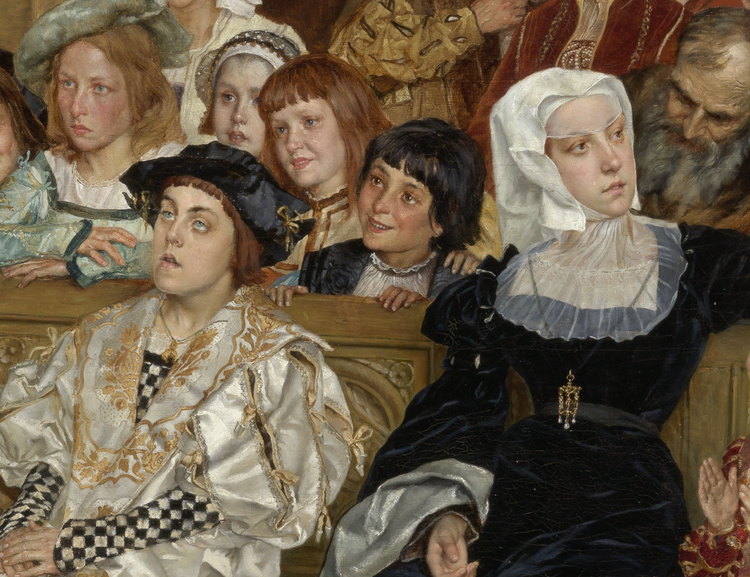 Een schilderij met twee centrale figuren in rijke kledij: een jongetje dat heel verveeld kijkt, en een vrouw die zich wegdraait