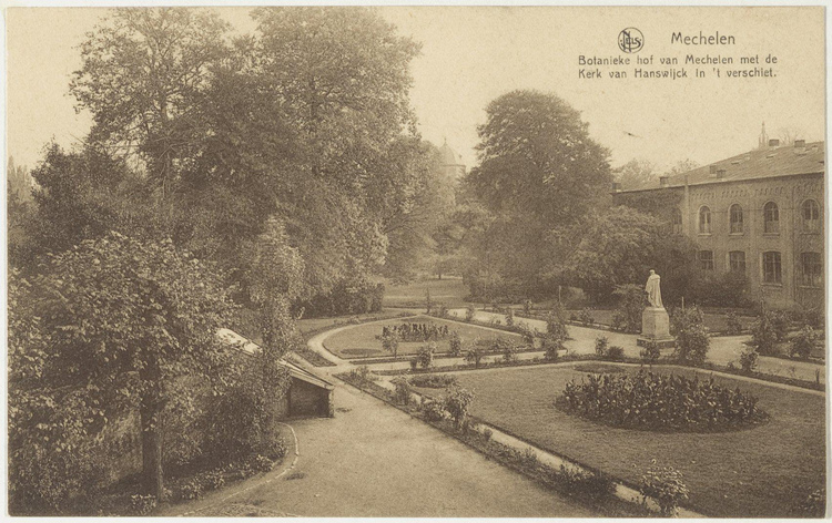 Sepia foto van de kruidtuin met het standbeeld van Dodoens.