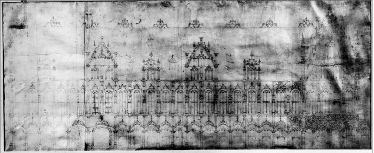Een zwart wit scan van een architecturale tekening van de gevel van een stadspaleis.