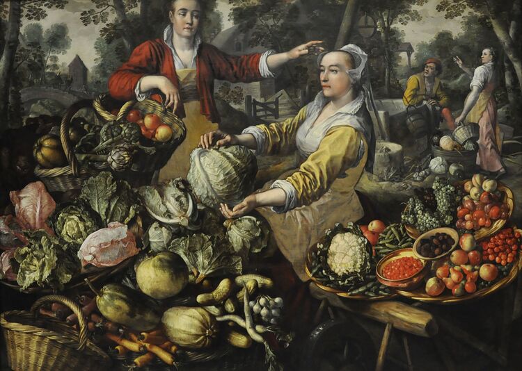 Schilderij van 4 figuren bij een stapel groenten en fruit.