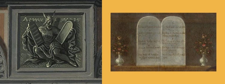 Twee close-ups van de schilderijen waar de geboden op te zien zijn.