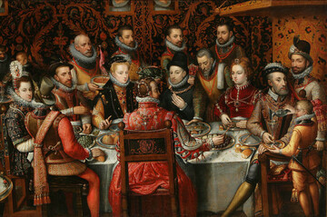 Een schilderij van rijkelijk geklede figuren aan een bankettafel.