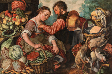 Een schilderij van twee figuren die omringd zijn door uitpuilende manden van groenten, fruit en geslachte dieren.